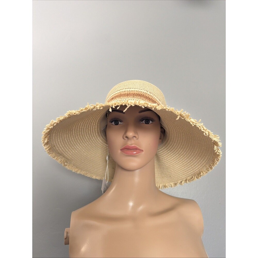 NWT Shiraleah Woven Mia Paper Hat One Size Fits All Natural With Striped Band